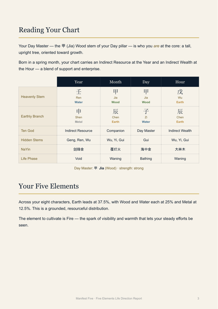 Manifest Five chart and five elements sample page